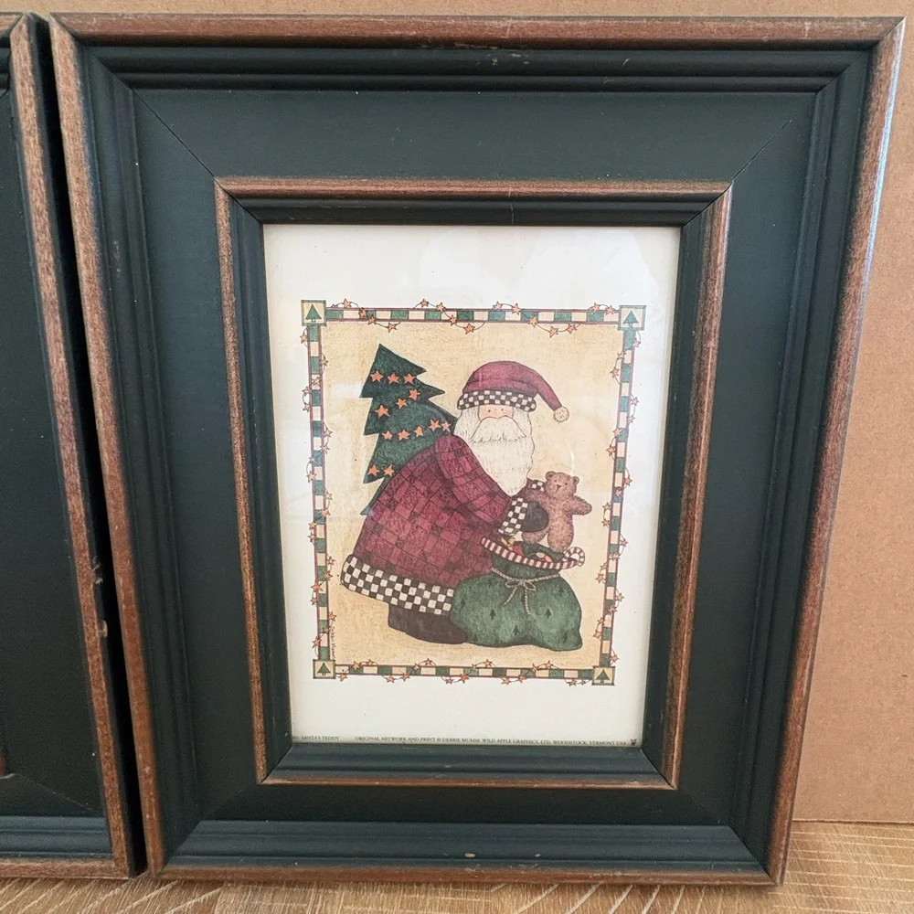 Vtg Folk Art Santa Claus Prints by Debbie Mumm 1990's Dark Green Wood Frame (2)